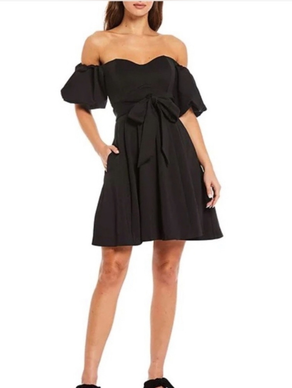 Belle Badgley Mischka Black Gracy Puff Sleeve Off-the-shoulder Bow Mini-Dress 12